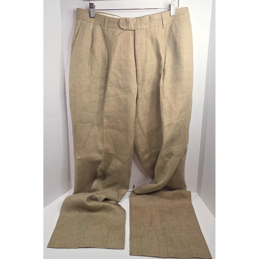 Linea Naturale 32X30 Tan Herringbone 100% Linen Pleated Trousers Made in Italy